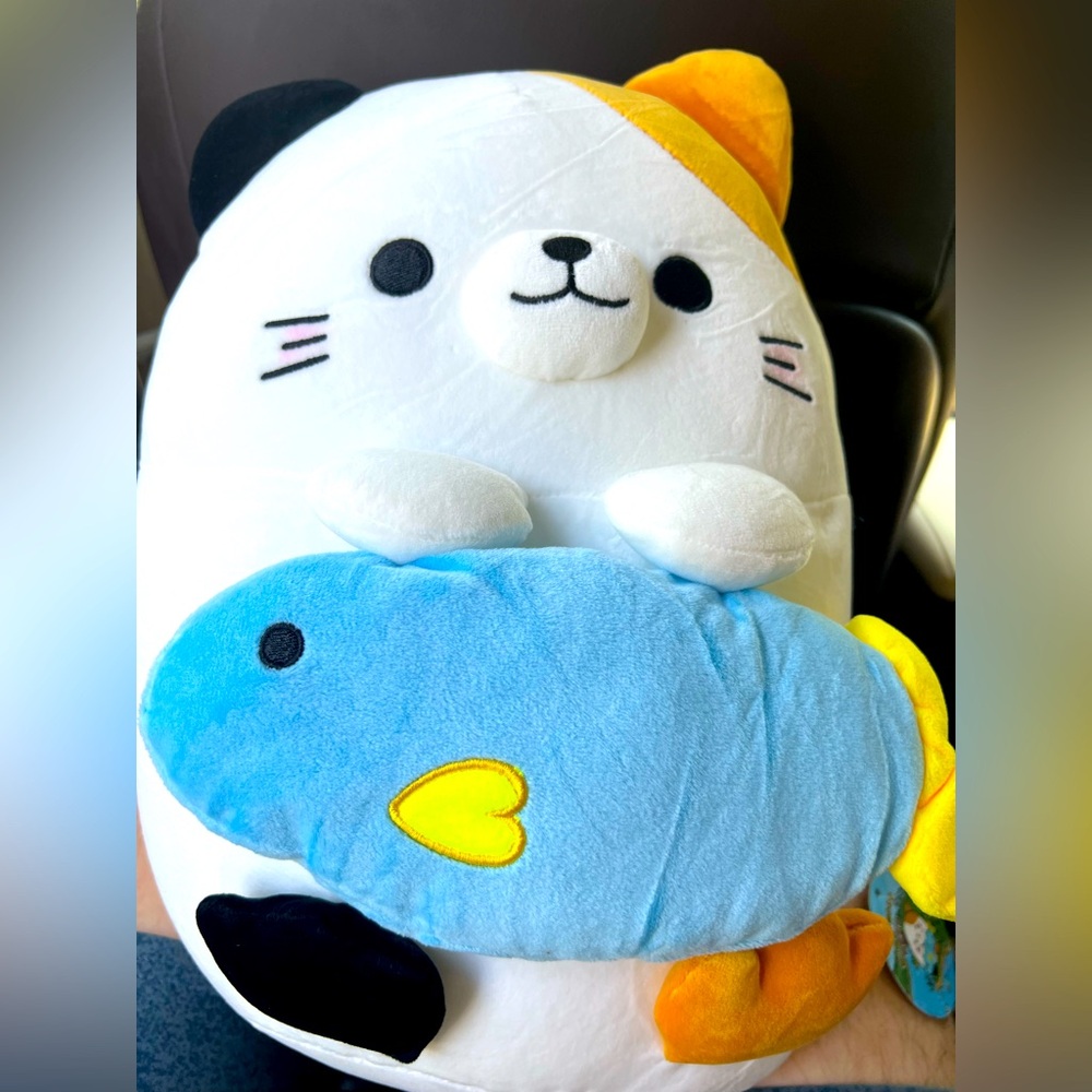 14” 3C Black Orange White Cat Holding Big Heart Fish Takashoji Super Soft Plush